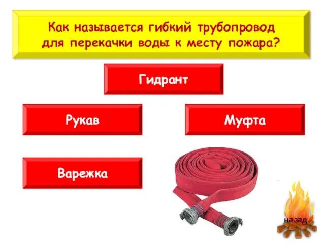 Как называется гибкий трубопровод для перекачки воды к месту пожара? Варежка Рукав Гидрант Муфта