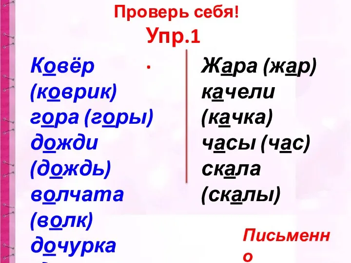 Проверь себя! Ковёр (коврик) гора (горы) дожди (дождь) волчата (волк)