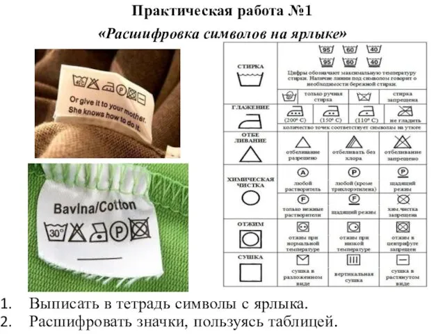 Практическая работа №1 «Расшифровка символов на ярлыке» Выписать в тетрадь