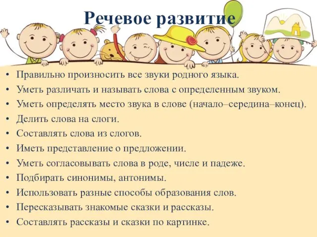 Речевое развитие Правильно произносить все звуки родного языка. Уметь различать