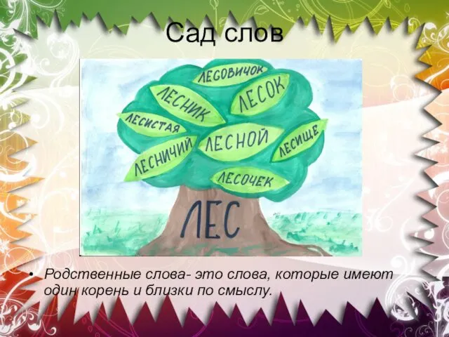 Сад слов Родственные слова- это слова, которые имеют один корень и близки по смыслу.