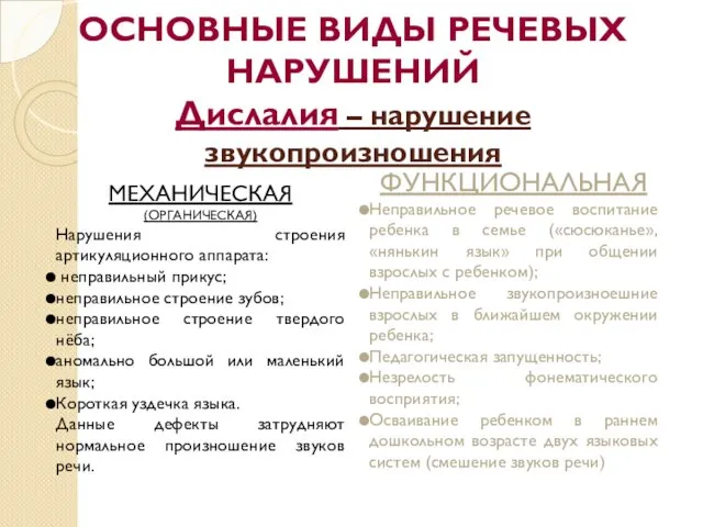 ОСНОВНЫЕ ВИДЫ РЕЧЕВЫХ НАРУШЕНИЙ Дислалия – нарушение звукопроизношения МЕХАНИЧЕСКАЯ (ОРГАНИЧЕСКАЯ)