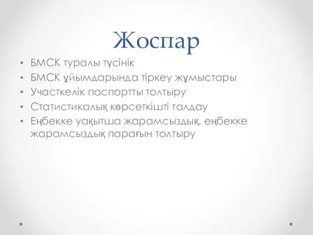 Жоспар БМСК туралы түсінік БМСК ұйымдарында тіркеу жұмыстары Участкелік паспортты