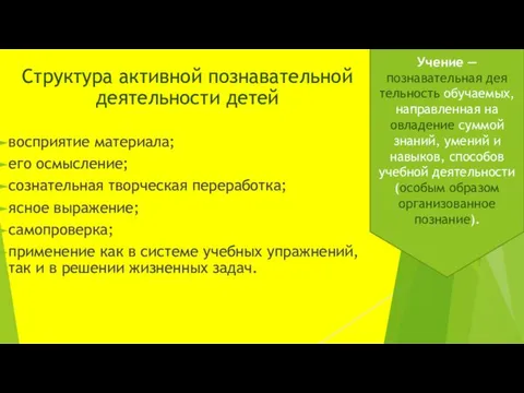 Структура активной познавательной деятельности детей восприятие материала; его осмысление; сознательная