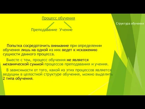 Структура обучения Процесс обучения Преподавание Учение Попытка сосредоточить внимание при