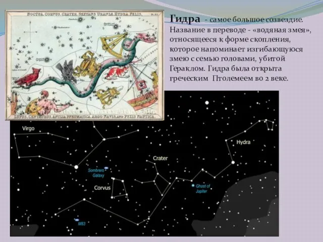 Гидра - самое большое созвездие. Название в переводе - «​​водяная