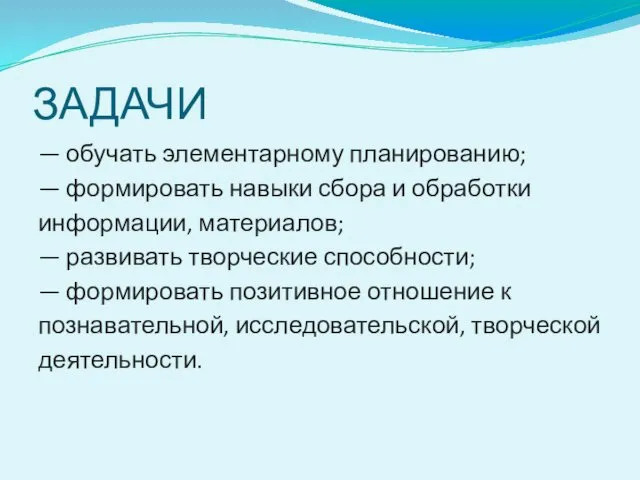 ЗАДАЧИ — обучать элементарному планированию; — формировать навыки сбора и