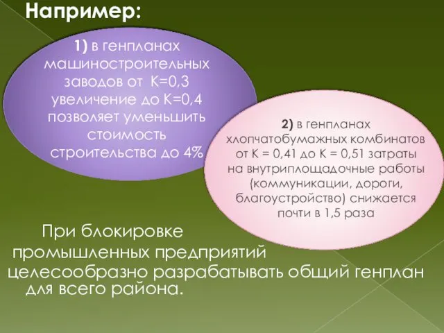 Например: При блокировке промышленных предприятий целесообразно разрабатывать общий генплан для