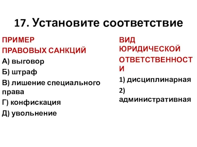 17. Установите соответствие ПРИМЕР ПРАВОВЫХ САНКЦИЙ А) выговор Б) штраф