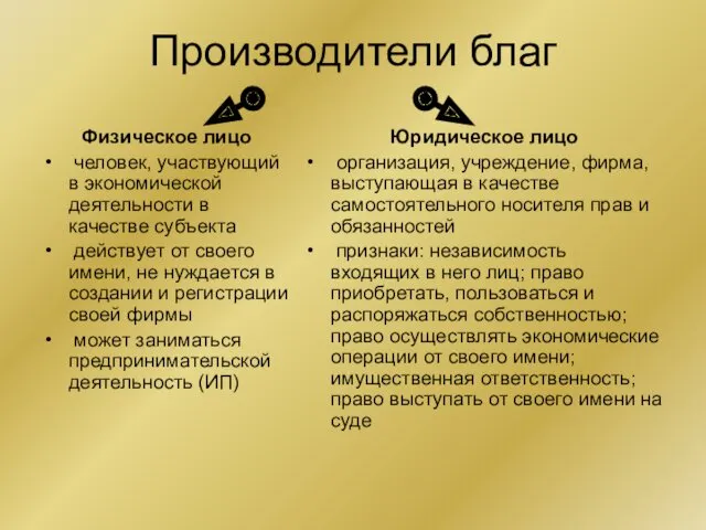 Производители благ Физическое лицо человек, участвующий в экономической деятельности в