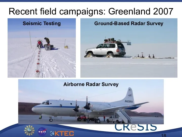 Recent field campaigns: Greenland 2007 Seismic Testing Ground-Based Radar Survey Airborne Radar Survey