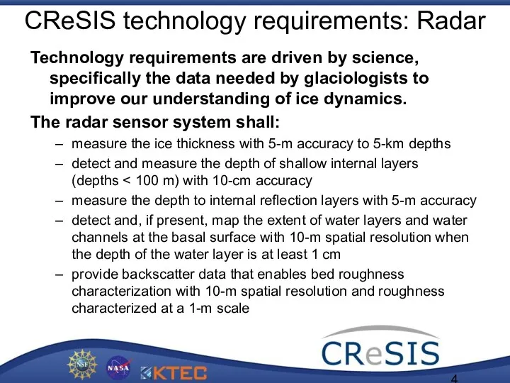 CReSIS technology requirements: Radar Technology requirements are driven by science, specifically the data