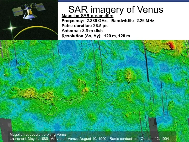 SAR imagery of Venus Magellan SAR parameters Frequency: 2.385 GHz, Bandwidth: 2.26 MHz