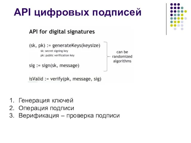 API цифровых подписей Генерация ключей Операция подписи Верификация – проверка подписи