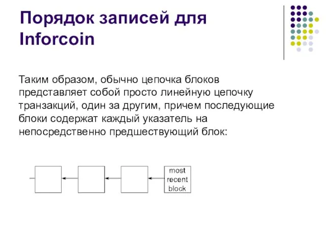 Порядок записей для Inforcoin Таким образом, обычно цепочка блоков представляет собой просто линейную
