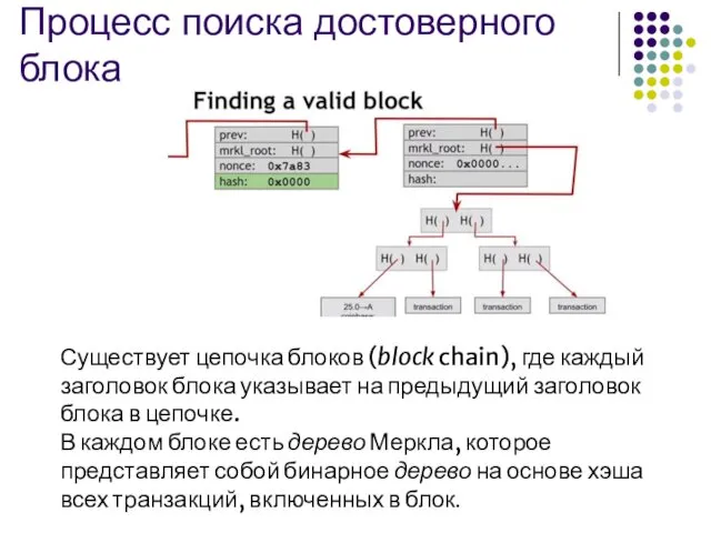 Процесс поиска достоверного блока Существует цепочка блоков (block chain), где каждый заголовок блока