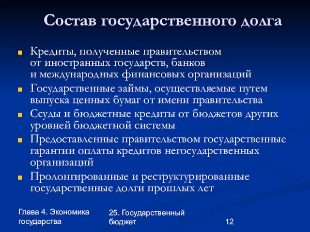 Глава 4. Экономика государства 25. Государственный бюджет Состав государственного долга