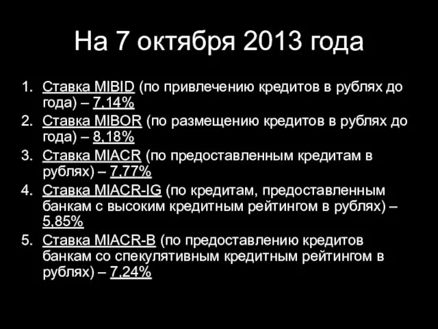 На 7 октября 2013 года Ставка MIBID (по привлечению кредитов