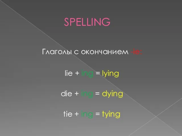 Глаголы с окончанием -ie: lie + ing = lying die