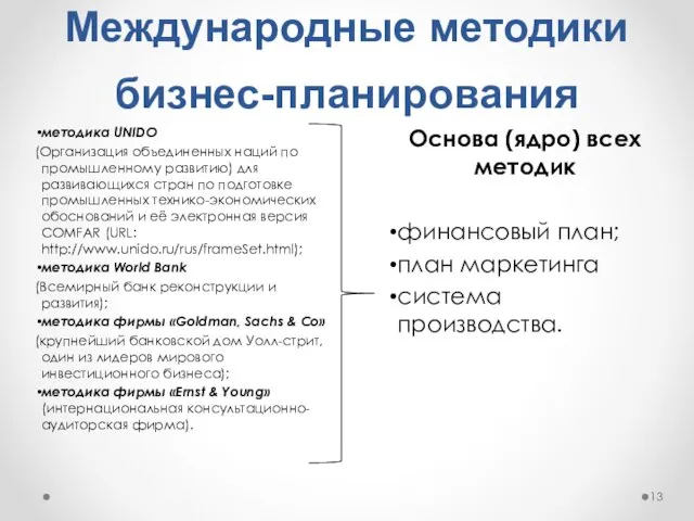 Международные методики бизнес-планирования Основа (ядро) всех методик финансовый план; план