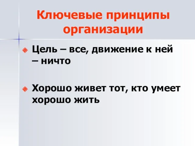 Ключевые принципы организации Цель – все, движение к ней –