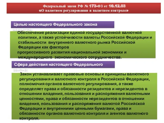 Федеральный закон РФ № 173-ФЗ от 10.12.03 «О валютном регулировании