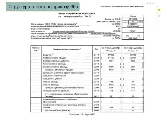 Структура отчета по приказу 66н Соколова Н.А. Курс АФО