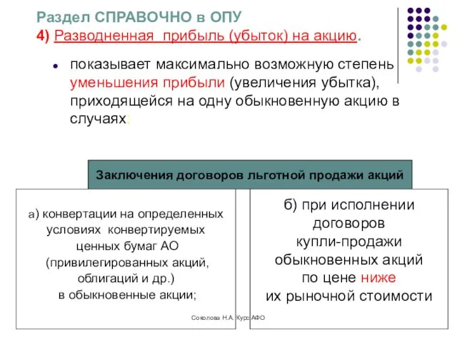 Раздел СПРАВОЧНО в ОПУ 4) Разводненная прибыль (убыток) на акцию.