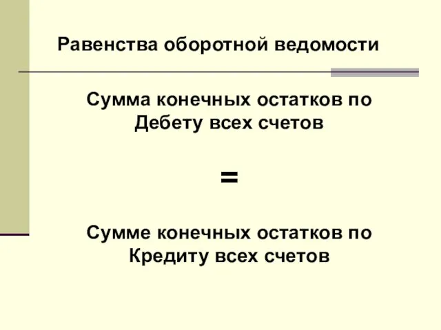 Равенства оборотной ведомости Сумма конечных остатков по Дебету всех счетов