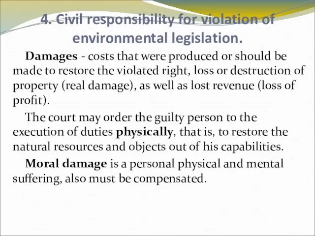 4. Civil responsibility for violation of environmental legislation. Damages -