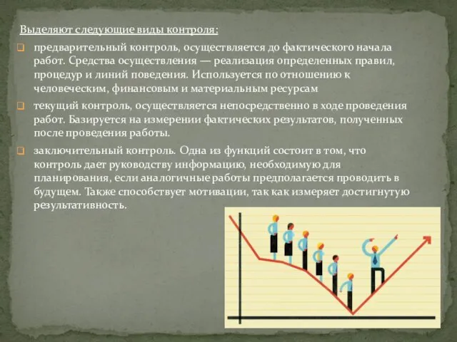 Выделяют следующие виды контроля: предварительный контроль, осуществляется до фактического начала