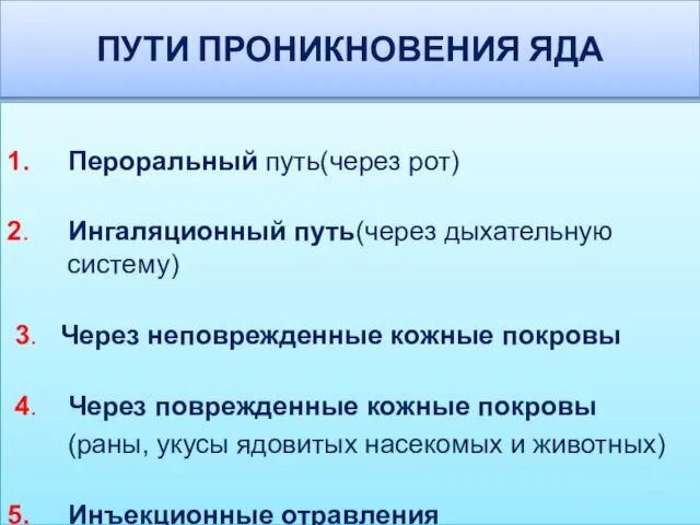 ПУТИ ПРОНИКНОВЕНИЯ ЯДА 1. Пероральный путь(через рот) 2. Ингаляционный путь(через