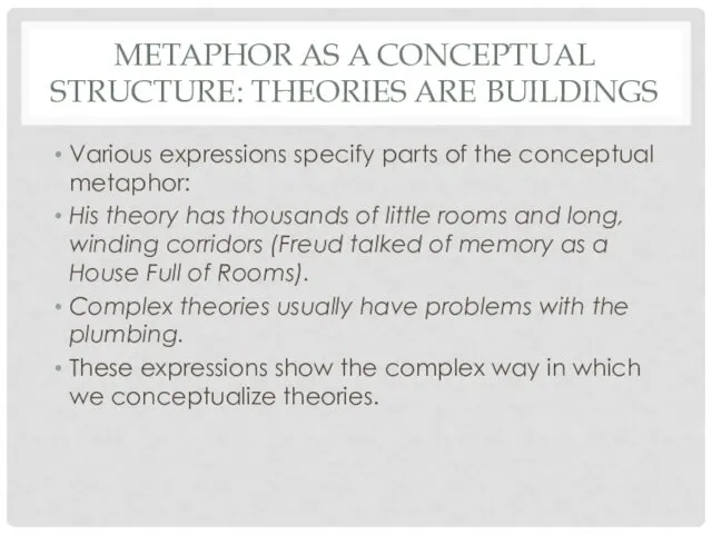 METAPHOR AS A CONCEPTUAL STRUCTURE: THEORIES ARE BUILDINGS Various expressions