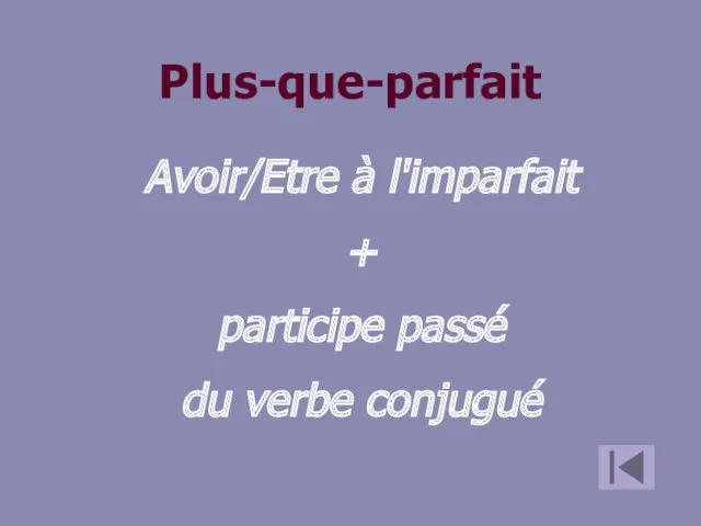 Plus-que-parfait Avoir/Etre à l'imparfait + participe passé du verbe conjugué