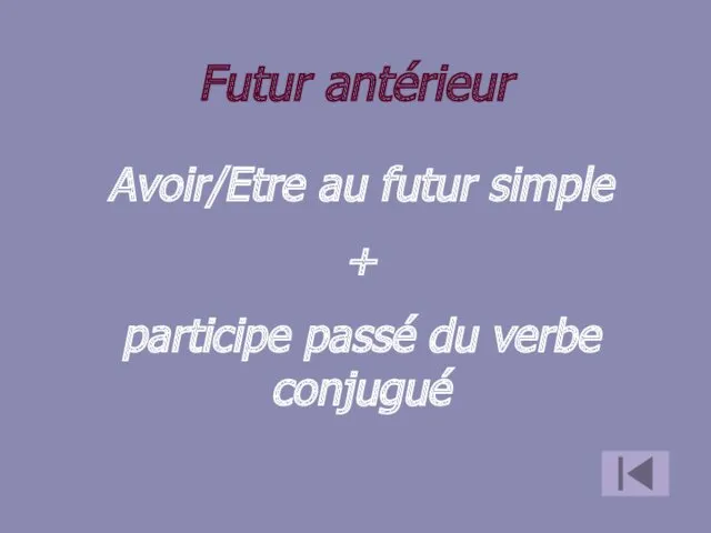 Futur antérieur Avoir/Etre au futur simple + participe passé du verbe conjugué