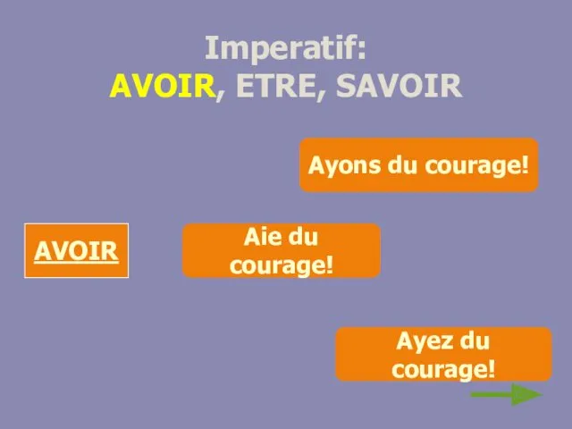 Imperatif: AVOIR, ETRE, SAVOIR AVOIR Aie du courage! Ayez du courage! Ayons du courage!