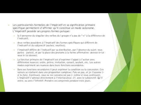 Les particularités formelles de l’impératif et sa signification primaire spécifique