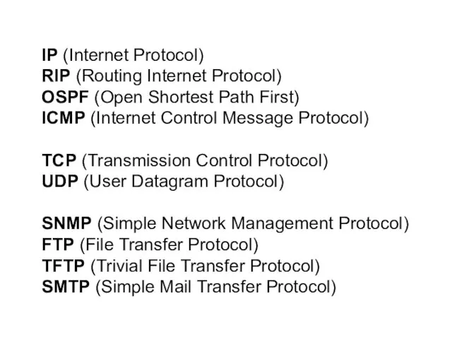 IP (Internet Protocol) RIP (Routing Internet Protocol) OSPF (Open Shortest