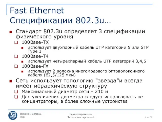Нижний Новгород 2007 Компьютерные сети Технологии передачи-2 из 36 Fast Ethernet Спецификации 802.3u…