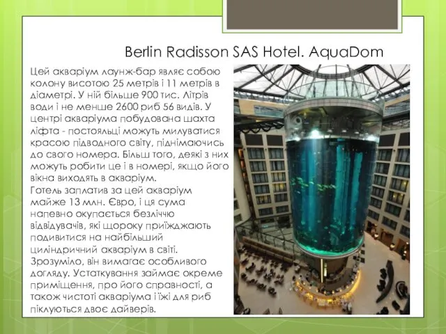 Berlin Radisson SAS Hotel. AquaDom Цей акваріум лаунж-бар являє собою