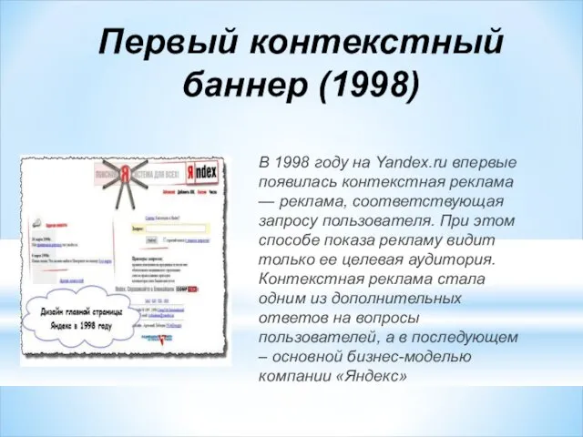 Первый контекстный баннер (1998) В 1998 году на Yandex.ru впервые