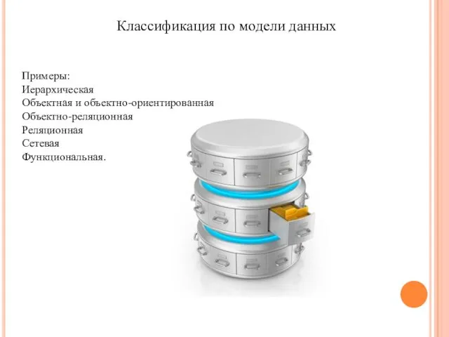 Примеры: Иерархическая Объектная и объектно-ориентированная Объектно-реляционная Реляционная Сетевая Функциональная. Классификация по модели данных