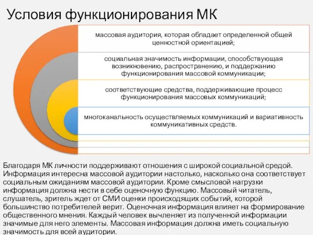 Условия функционирования МК Благодаря МК личности поддерживают отношения с широкой социальной средой. Информация