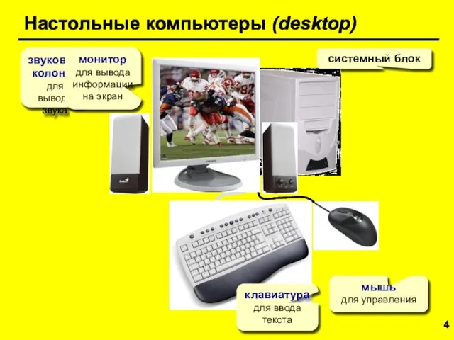 Настольные компьютеры (desktop) системный блок звуковые колонки для вывода звука