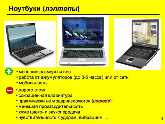 Ноутбуки (лэптопы) меньшие размеры и вес работа от аккумуляторов (до 3-5 часов) или