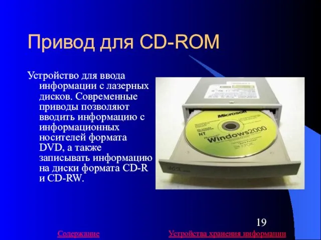 Привод для CD-ROM Устройство для ввода информации с лазерных дисков.