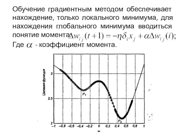 Обучение градиентным методом обеспечивает нахождение, только локального минимума, для нахождения