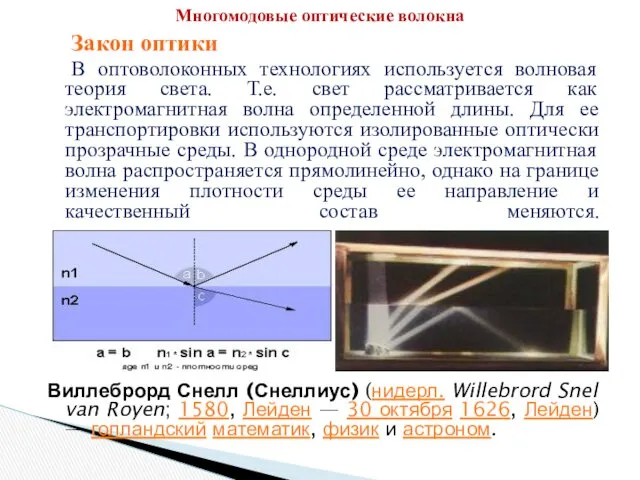 Многомодовые оптические волокна Закон оптики В оптоволоконных технологиях используется волновая