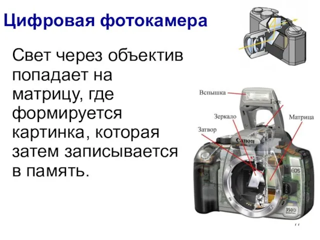 Цифровая фотокамера Свет через объектив попадает на матрицу, где формируется картинка, которая затем записывается в память.