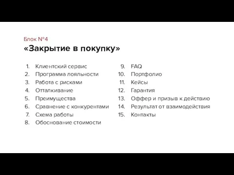 Клиентский сервис Программа лояльности Работа с рисками Отталкивание Преимущества Сравнение